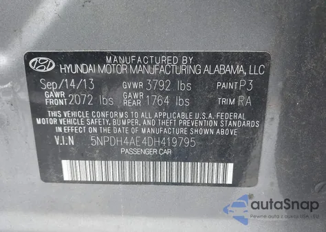 2013 Hyundai Elantra Gls from USA, damaged, VIN 5NPDH4AE4DH419795